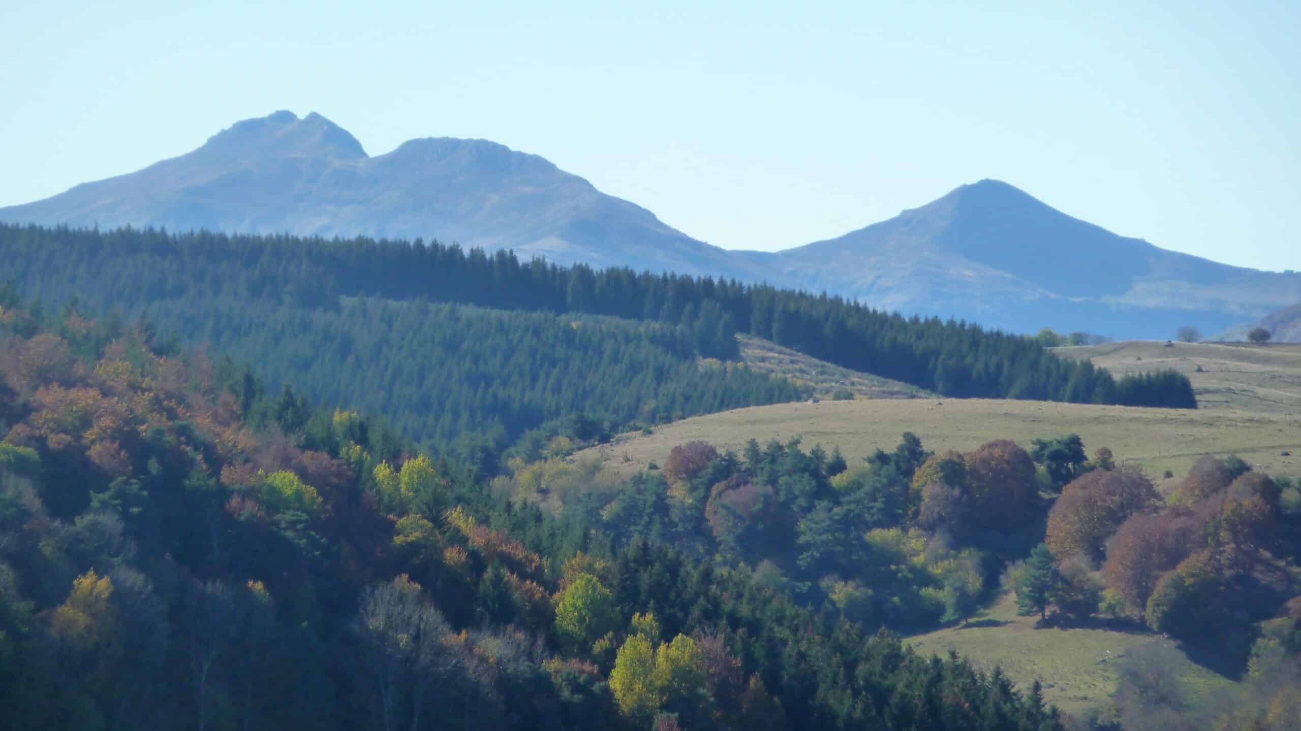 Paysage d'automne dans les monts du Cantal. Forêts et volcans en arrière-plan, illustrant l'appel des grands espaces.